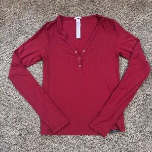 Savage‎ X Fenty Ribbed Henley Long Sleeve Shirt Merlot V-Neck Button Up Small